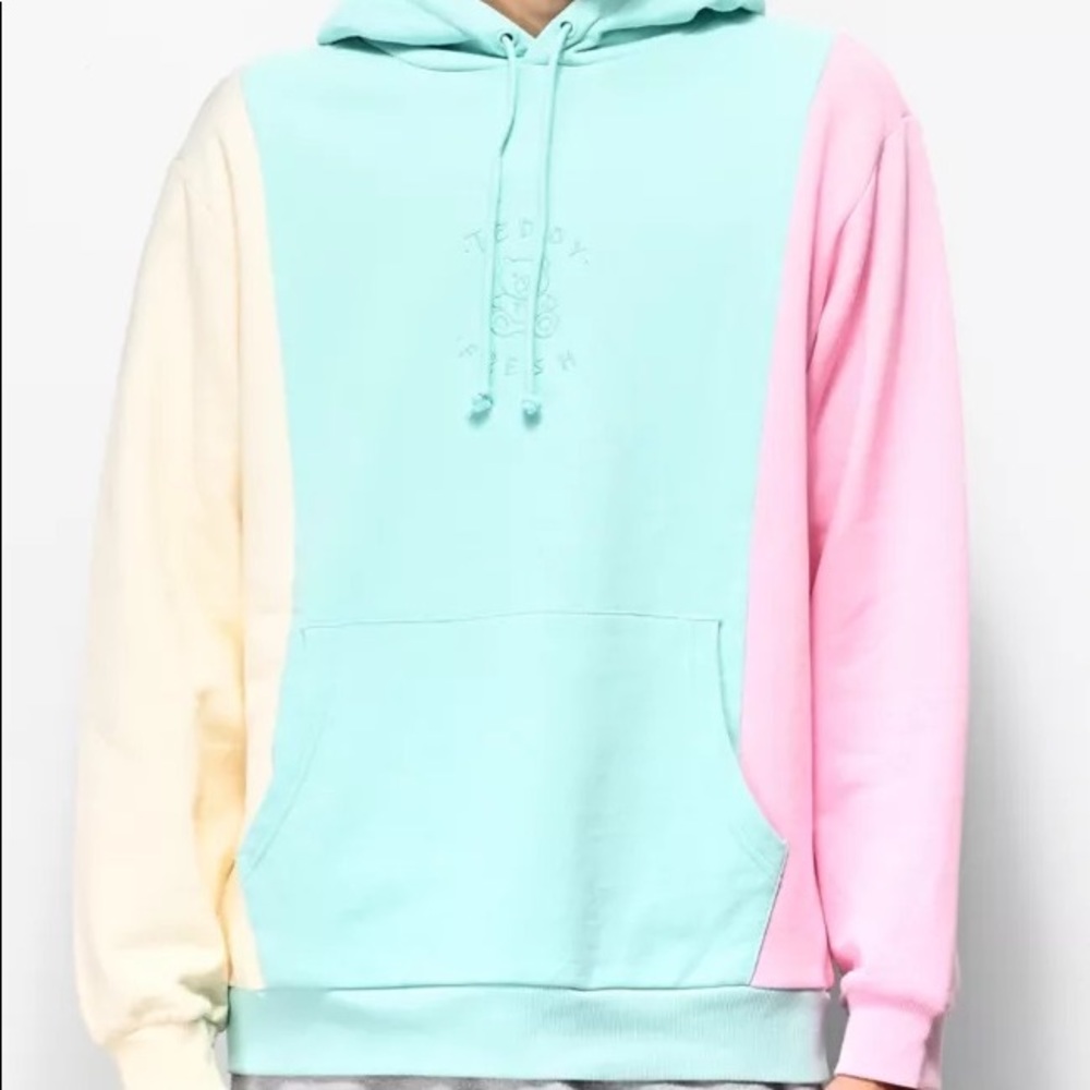 Blue, cream, and pink Teddy Fresh hoodie. Runs a little small.
